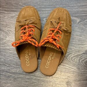 Coconuts by Matisse Tan Suede Mules with Vibrant Orange Laces